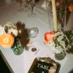 Photo of decor details at dinner (candle, menu, table, flowers), at an elegant wedding planned by Yiventful Co. at MacArthur Place Hotel, Sonoma.